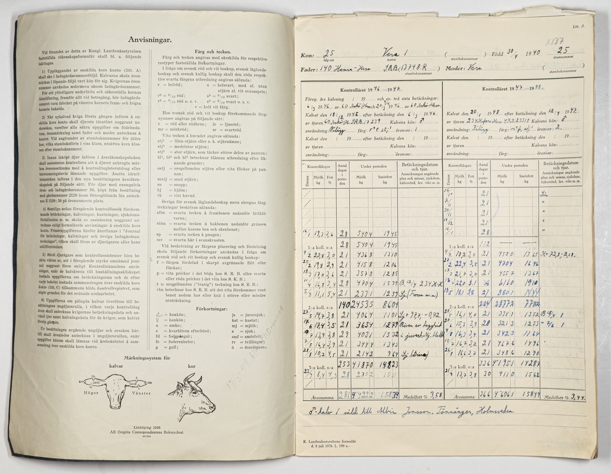 Häfte med kontrollräkenskaper för kobesättning vid Johannes Zetterström, Västby, Holmsveden, 1946-1947.
Blå pärm av grövre papper. Förtryckta sidor.
Lantbruksstyrelsens formulär från 1938.