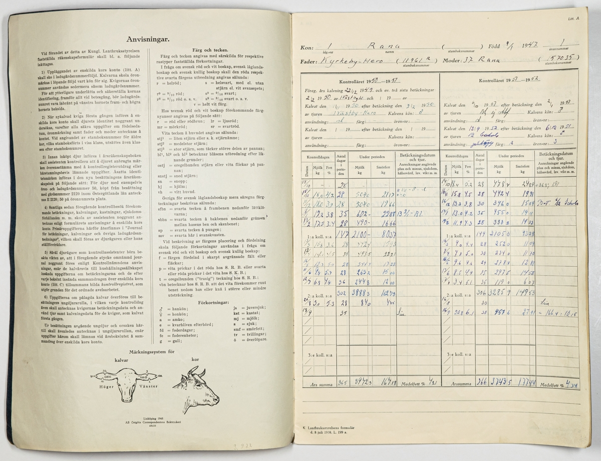 Häfte med kontrollräkenskaper för kobesättning vid Johannes Zetterström, Västby, Holmsveden, 1950-1952
Blå pärm av grövre papper. Förtryckta sidor.
Lantbruksstyrelsens formulär från 1938.