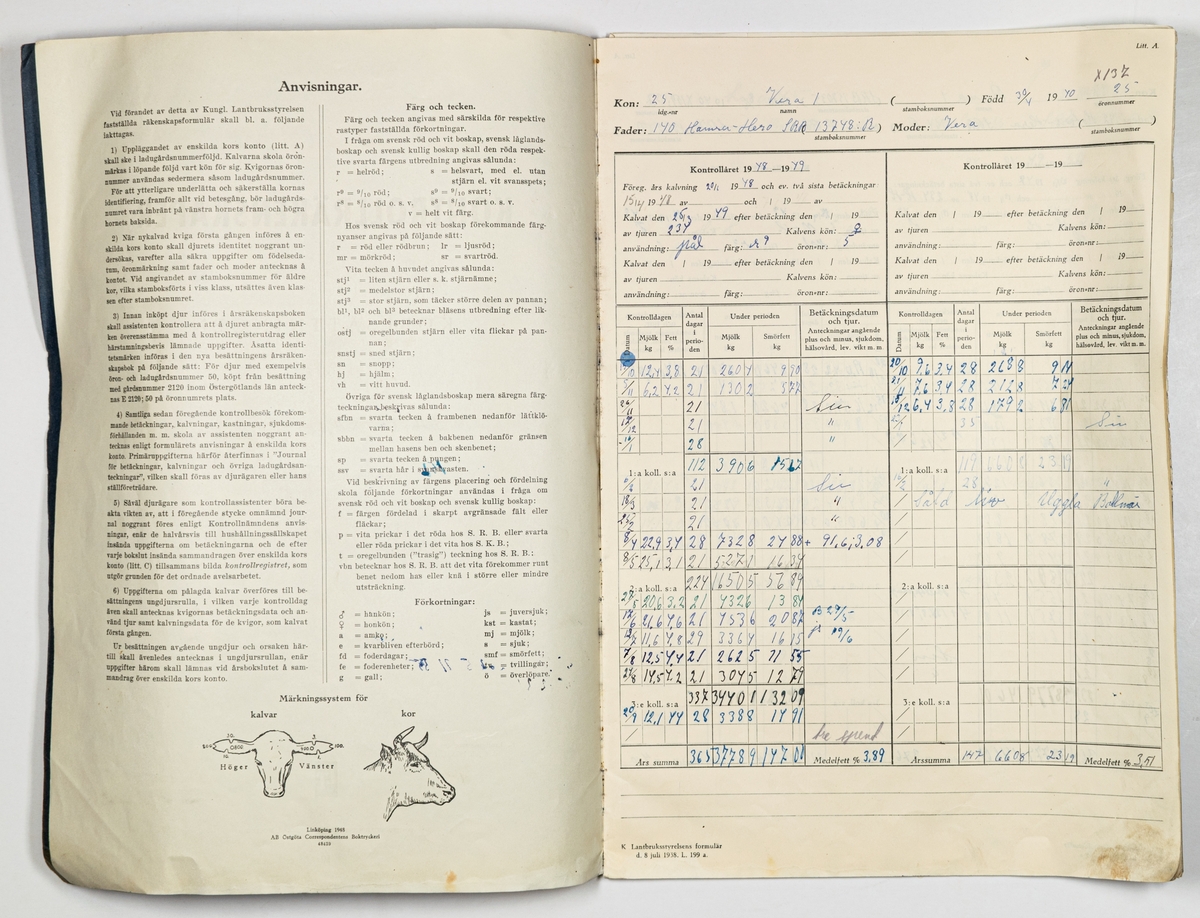 Häfte med kontrollräkenskaper för kobesättning vid Johannes Zetterström, Västby, Holmsveden, 1948-1950.
Blå pärm av grövre papper. Förtryckta sidor.
Lantbruksstyrelsens formulär från 1938.
Innehåller även lösa blad med härstammningsbevis för enskilda kor.