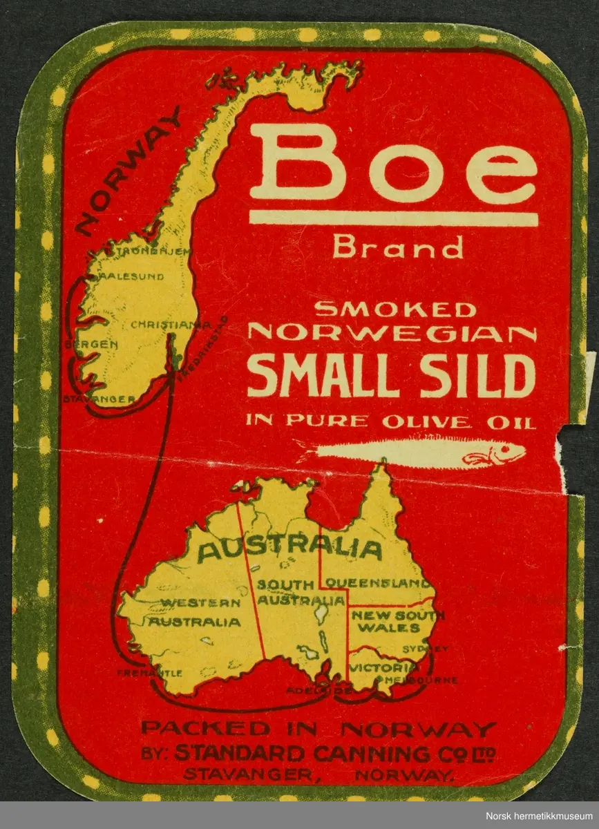 Kart som viser Norge og Australia tilknytet med en linje.
Bilde av en brisling