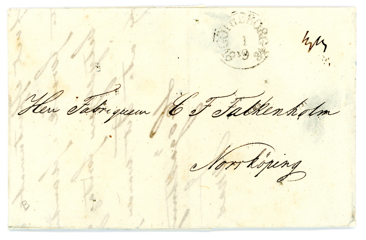 Förfilatelistiskt brev skickat från Göteborg den 1 september 1834 till Fabrikören C F Falkenholm i Norrköping.

Brevet har genomstungits och desinficerats och är ett av få kända inhemska "kolerabreven"; brev som specialbeandlats i ett försök att stoppa spridningen av kolera. De första fallen av kolera i Sverige visade sig i juli 1834 och i augusti samma år bröt den första epidemin ut i Göteborg. 

Stämpeltyp: Normalstämpel 6  typ 3