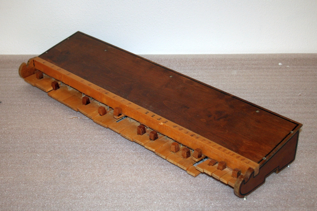 Salmodikon, med tilhørende klaviatur. Spilles med bue [mangler].

Kasse av nåletre. Hel bunn, flat lokk, et stykke på hver side. Lakkert. En malt/innbrent(?) dekorlinje.  To lydhull. Lydpinne festet med snor, det vil si justerbar. To strenger av nylon. Strengeholder av løvtre. Endeknapp i plast. To grove stemmeskruer (løvtre). Flat grov stol.

Tastatur
Mekanikkasse av nåletre. Hoder på spiker i de fire hjørner passer til urgröpningar på kassens lokk.
31 taster, c-g’’, kromatisk, unntatt ”c#” som er en blindetast. Undertaster av bjørk(?); overtaster ditto, med kub-formet lakkerte halvtoner. Styrstifter av spik(!). Hengslinger av resorband festet på oversiden av tasten ved en skrue og skålformet plate, samt i bakre vegg.
Tangenter (sammenlikne med et klavikord!) av løvtre, med urtag for strengen. Posisjoner for tangenter på underside av taster markert med blyantstreker. Skala ikke oppmålt (men se bilder med linjal).