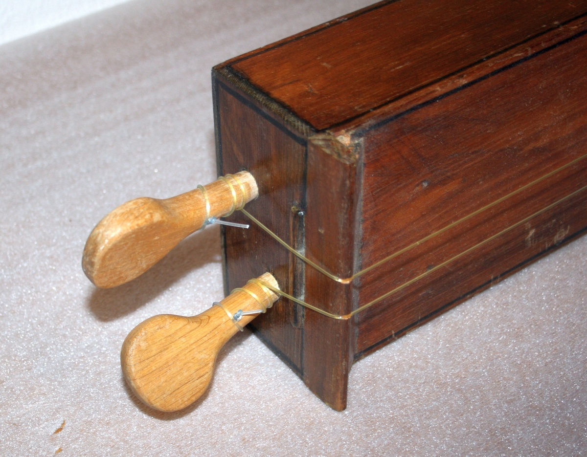 Salmodikon, med tilhørende klaviatur. Spilles med bue [mangler].

Kasse av nåletre. Hel bunn, flat lokk, et stykke på hver side. Lakkert. En malt/innbrent(?) dekorlinje.  To lydhull. Lydpinne festet med snor, det vil si justerbar. To strenger av nylon. Strengeholder av løvtre. Endeknapp i plast. To grove stemmeskruer (løvtre). Flat grov stol.

Tastatur
Mekanikkasse av nåletre. Hoder på spiker i de fire hjørner passer til urgröpningar på kassens lokk.
31 taster, c-g’’, kromatisk, unntatt ”c#” som er en blindetast. Undertaster av bjørk(?); overtaster ditto, med kub-formet lakkerte halvtoner. Styrstifter av spik(!). Hengslinger av resorband festet på oversiden av tasten ved en skrue og skålformet plate, samt i bakre vegg.
Tangenter (sammenlikne med et klavikord!) av løvtre, med urtag for strengen. Posisjoner for tangenter på underside av taster markert med blyantstreker. Skala ikke oppmålt (men se bilder med linjal).