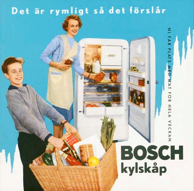 Broschyr (3 uppslag) från kampanjserie för Bosch kylskåp. Färgtryck
Information till kunder vid val av kylskåp.
Aktiebolaget Robo och Husqvarna vapenfabriks Aktiebolags Depoter, 1955

Bosch kylskåp

Ni får plats med mat för hela veckan