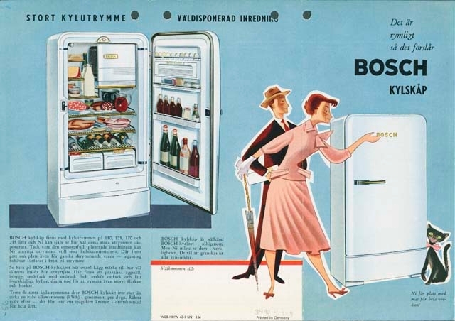 Liten Folder/blad. Reklam för Bosch kylskåp.
Aktiebolaget Robo 1956. Färgtryck.

[..]