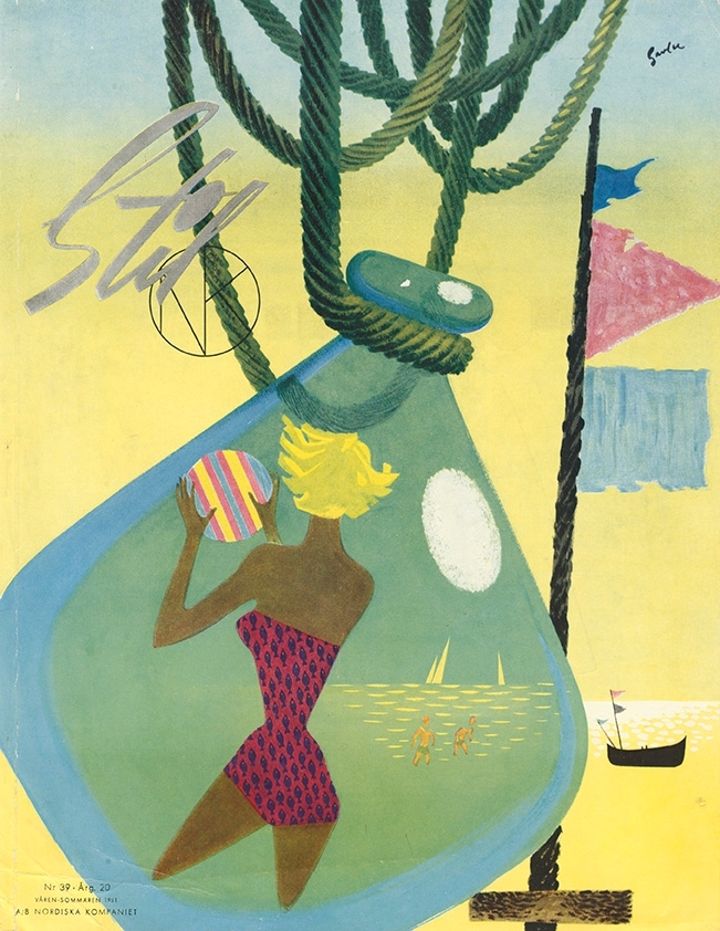 Illustrerat omslag till tidskriften NK Stil. Våren-sommaren 1951.
Illustration Martin Gavler.

Kvinna. Blondin. Badräkt. Badboll. Flagga. Båt. Rep.
Sommar. Hav. Bad.

NK Stil
Nr 39. Årg. 20
Våren - sommaren 1951
AB Nordiska Kompaniet