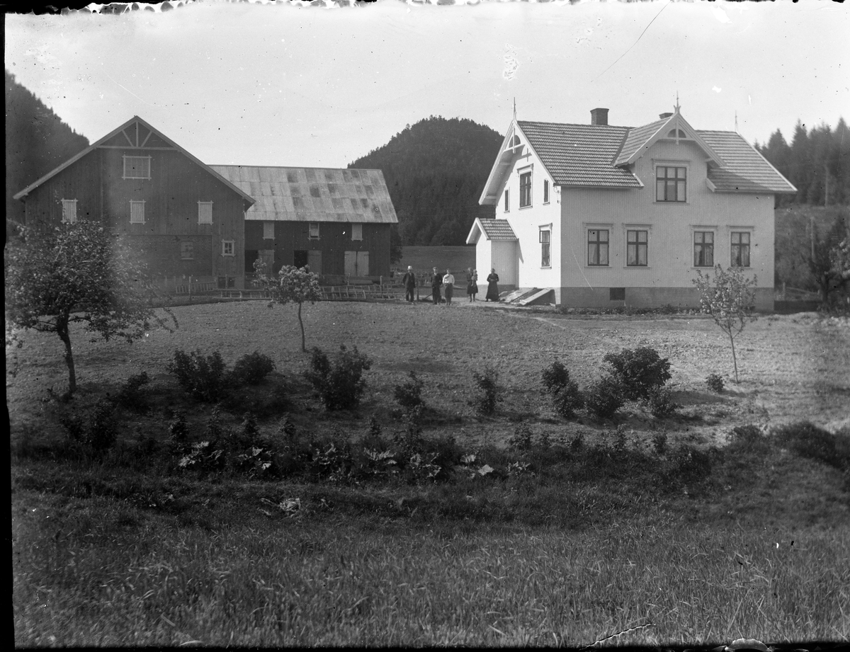 Gruppeportrett med folk på tunet ved gård i Fyresdal.

Fotosamlingen etter Olav Tarjeison Midtgarden Metveit (1889-1974), Fyresdal. Senere (1936) kalte han seg Olav Geitestad.