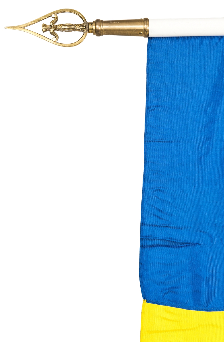 Svensk flagga i siden på vitmålad trästång. Stången har mässingsbeslag och knopp av mässing föreställande en Vasakärve. Tillhörande fodral av grågrönt bomull och läder finns.