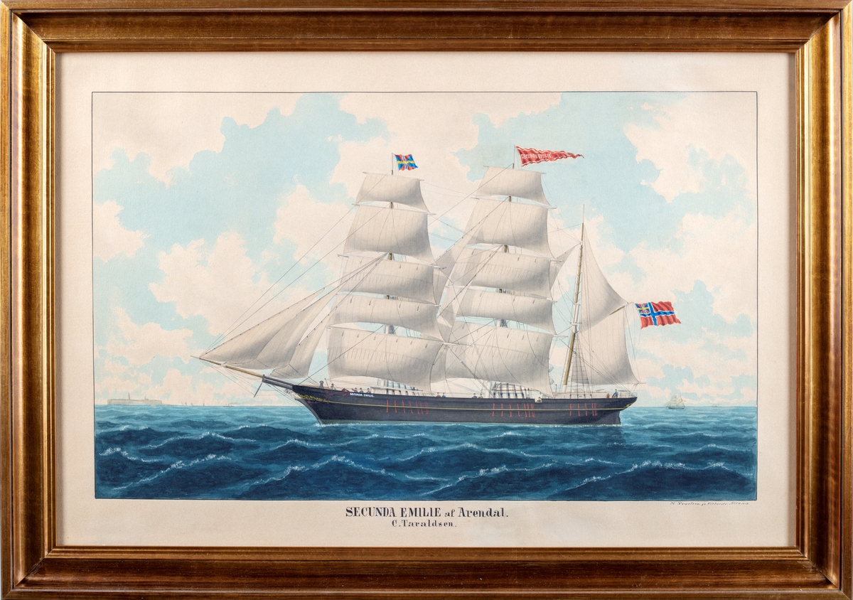 Seilskuten Secunda Emilie af Arendal for fulle seil.