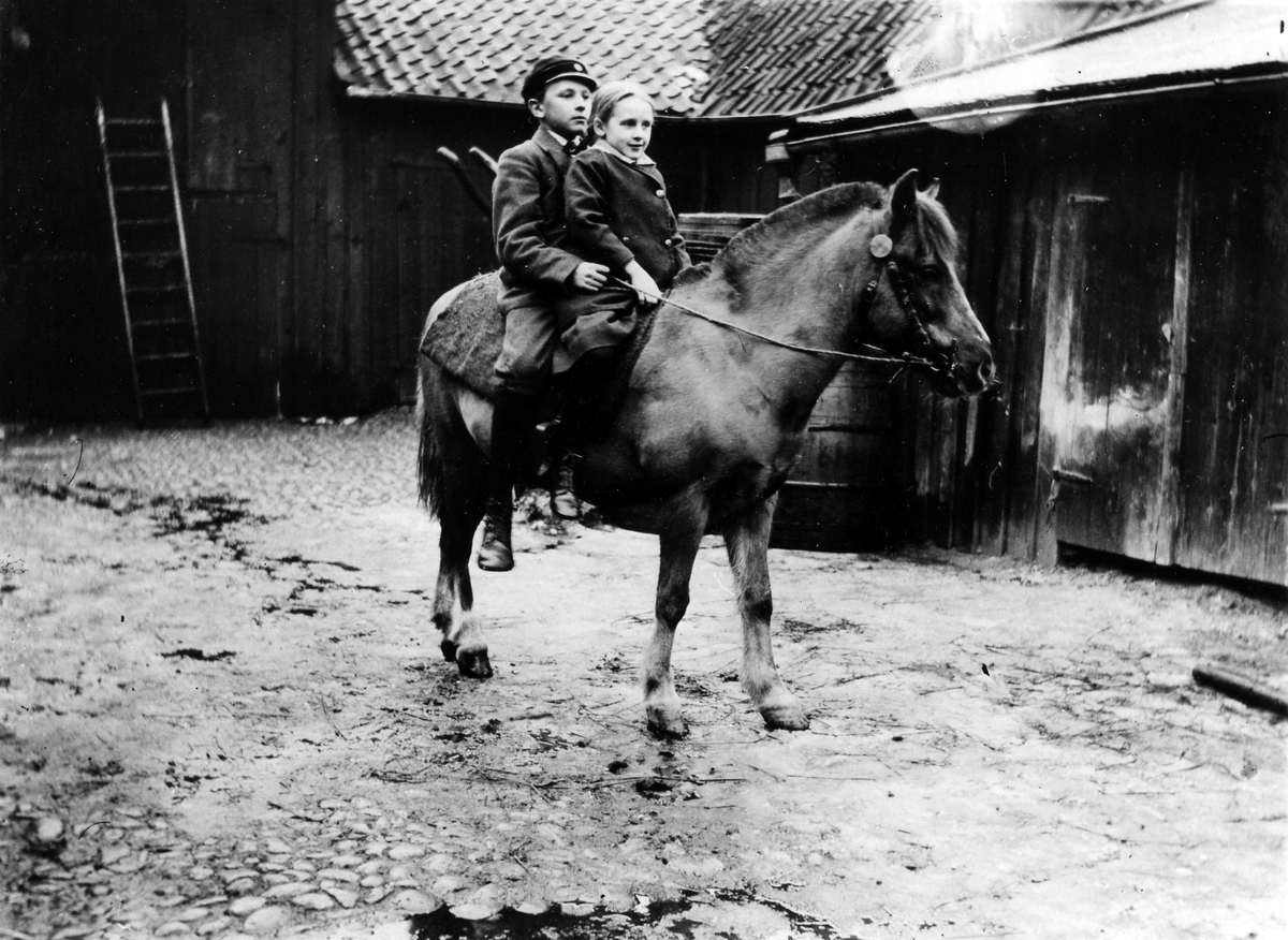 Brita och Elof Hjelmqvist sitter på en häst. Fotografiet taget på gården i kv. Pärlan 10, Kungsgatan 26. Fadern, Nils Herman Hjelmqvist, hade N H Hjelmqvists jern- & färghandel.