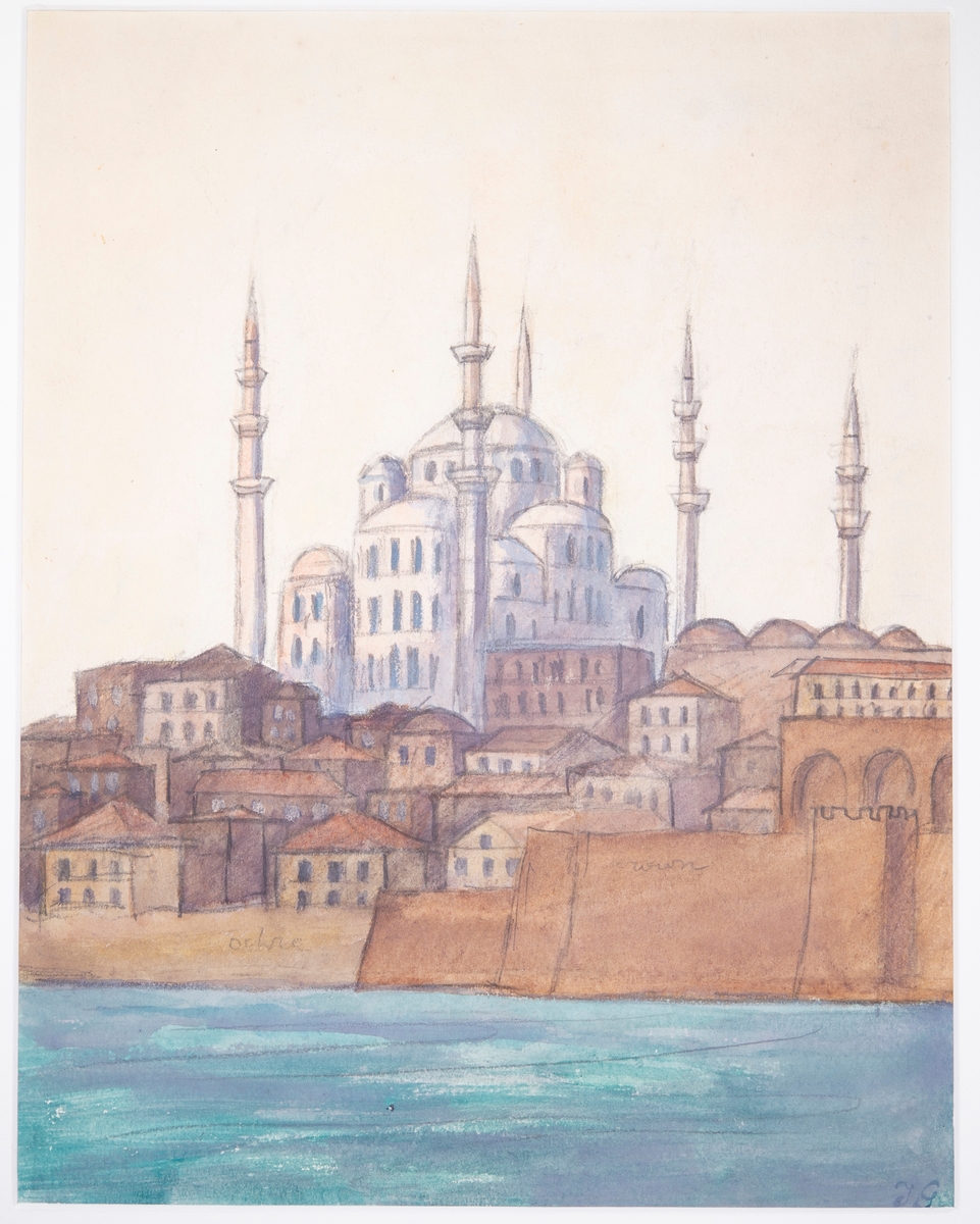 Hagia Sofia i Konstantinopel, Turkiet, sett från vattnet. På baksidan av målningen står att den är målad från lasaretts fartyg maj 1919. Se bilaga för exakt översättning av uppgifterna på baksidan.