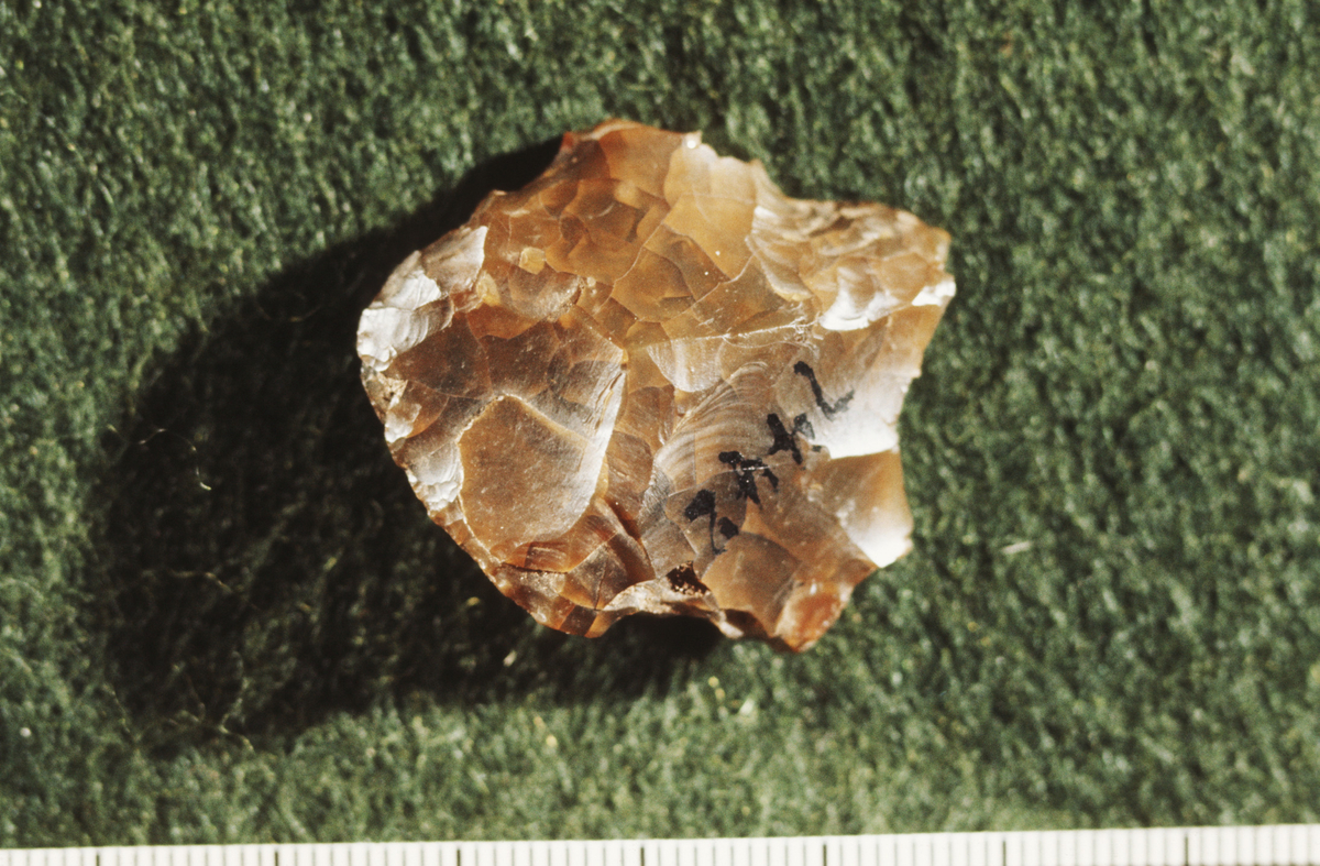 Opprinnelig katalogtekst: Liten flekkeskraper av brun flint, 3 x 2,8 cm.
Ny beskrivelse etter revisjon: Brent avslag av flint med retusj, mulig skraper. Stm. 3,4 cm.
