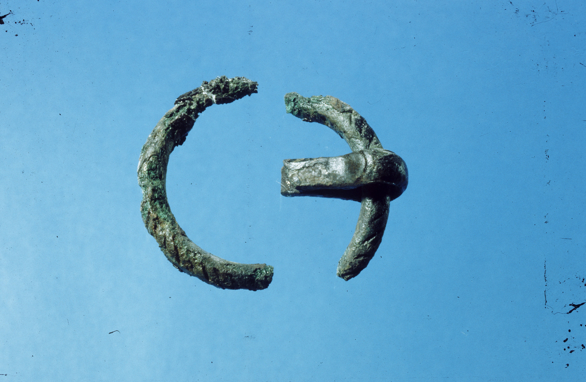 Ring av bronse med øverste del av pinsett av bronse. Ringen som nå er i to deler er ornamentert med skråstilte parallelle riller, innvendig diam. 27 mm og tykkelse 3 mm. Av pinsetten er kun den øverste del bevart i en lengde av 19 mm. Yttersiden av pinsetten - hvor den er tykkest- er ornamentert med tverrstilte bueformede riller.