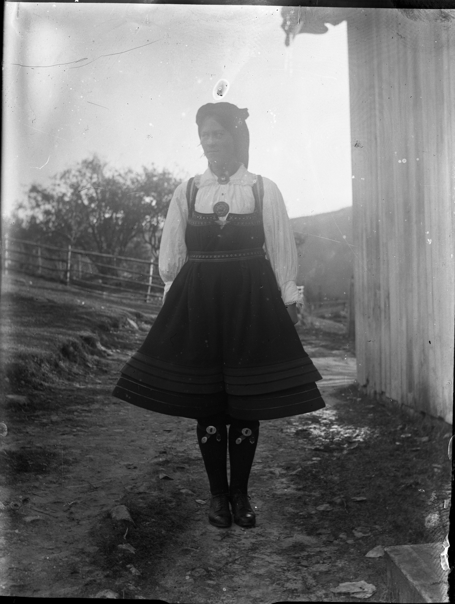 Portrett av ung kvinne i folkedrakt fra Setesdal.

Fotosamlingen etter Olav Tarjeison Midtgarden Metveit (1889-1974) Fyresdal. Senere (1936) kalte han seg Olav Geitestad.
