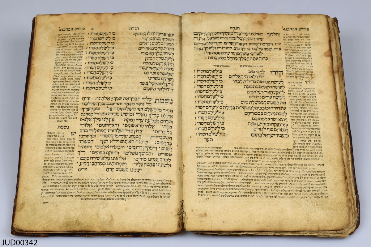 Haggada tryckt på papper. Skriven på hebreiska, med illustrationer i svartvitt. Mycket fläckar av gamla matrester.