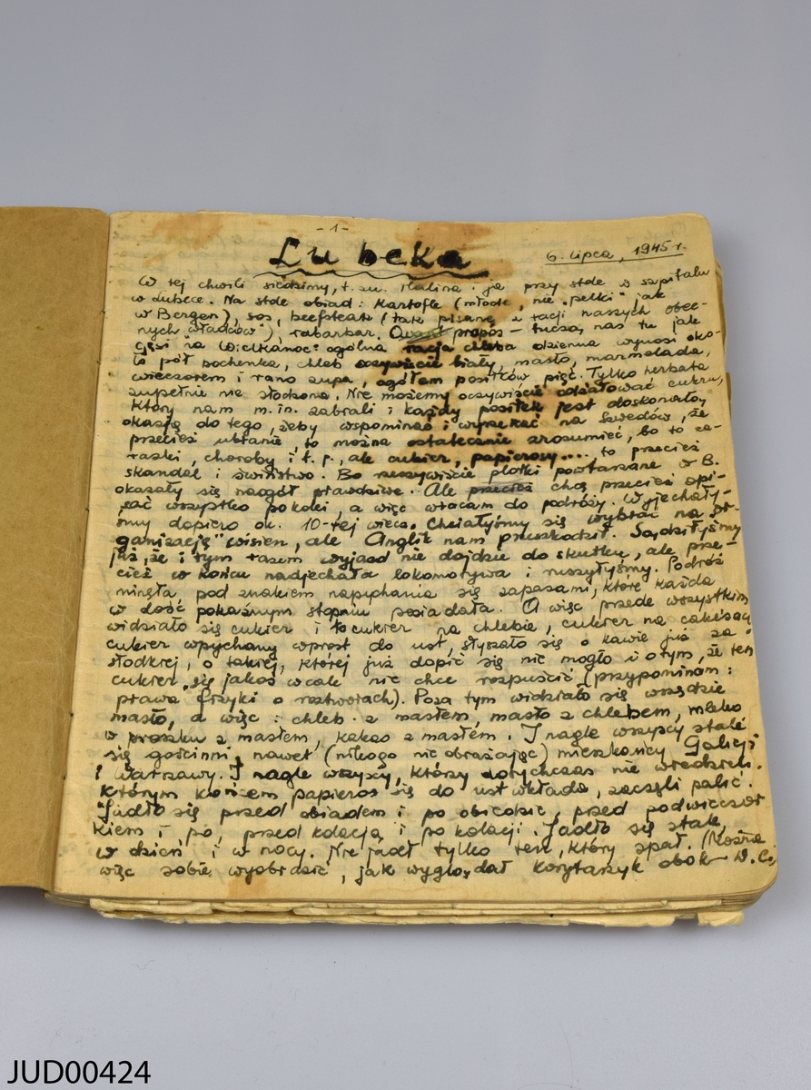 Sex olika dokument som har tillhört Ruth Karpowska.

1. Dagbok. Första anteckningarna från Lübeck. 
2. Field medical card. 
3. Allied expeditionary force D.E. Index card. 
4. Registreringskort 8/7 1945. 
5. Restaurangkort. 
6. Brev från Brittiska röda korset