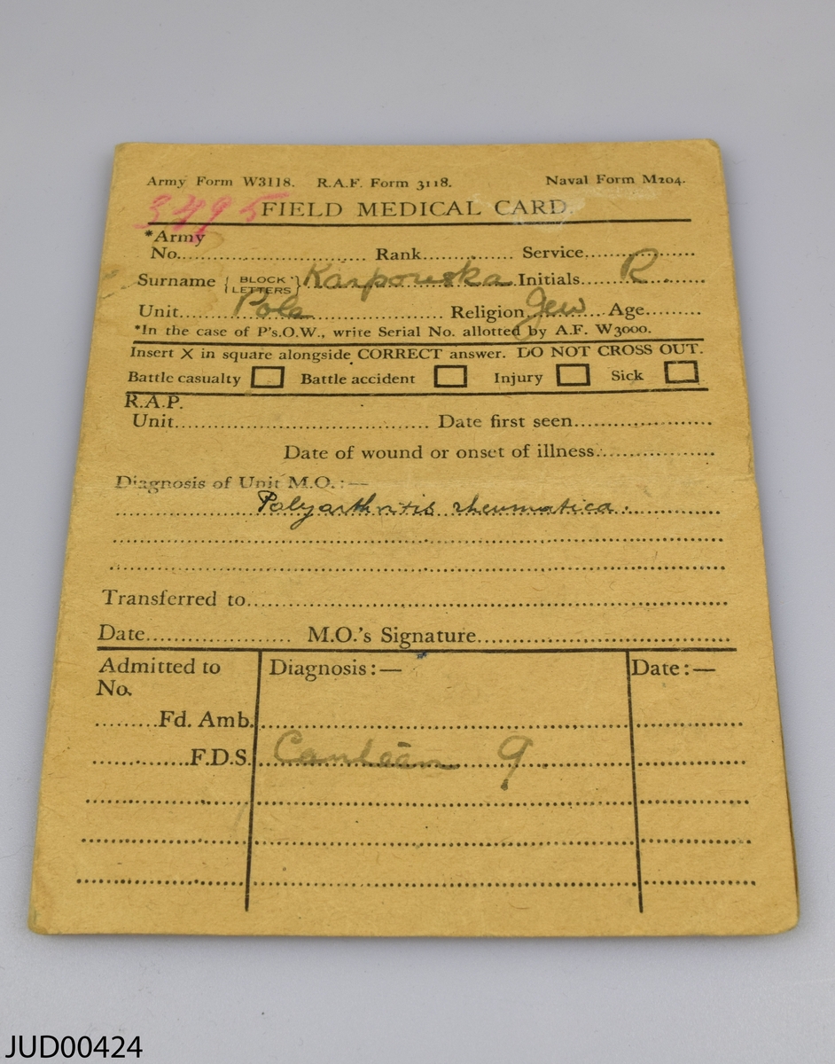 Sex olika dokument som har tillhört Ruth Karpowska.

1. Dagbok. Första anteckningarna från Lübeck. 
2. Field medical card. 
3. Allied expeditionary force D.E. Index card. 
4. Registreringskort 8/7 1945. 
5. Restaurangkort. 
6. Brev från Brittiska röda korset