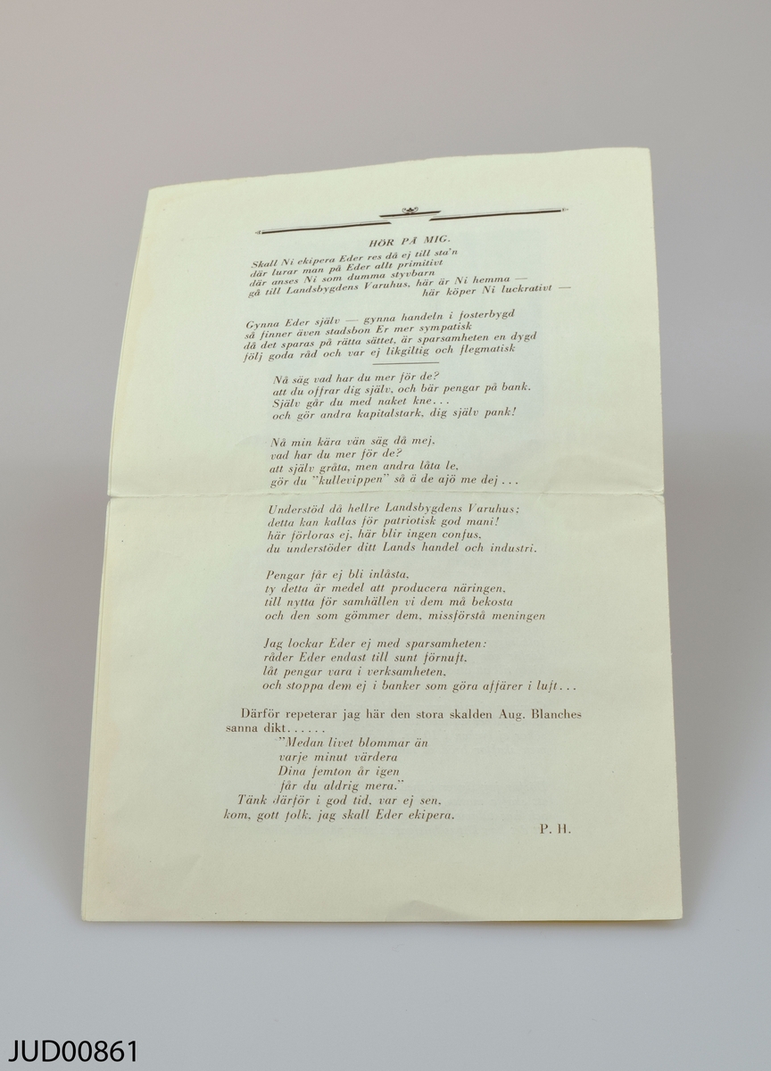 Pamflett med "ekiperingspoesi", skriven i marknadsföringssyfte.