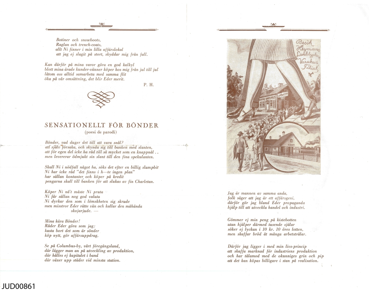 Pamflett med "ekiperingspoesi", skriven i marknadsföringssyfte.