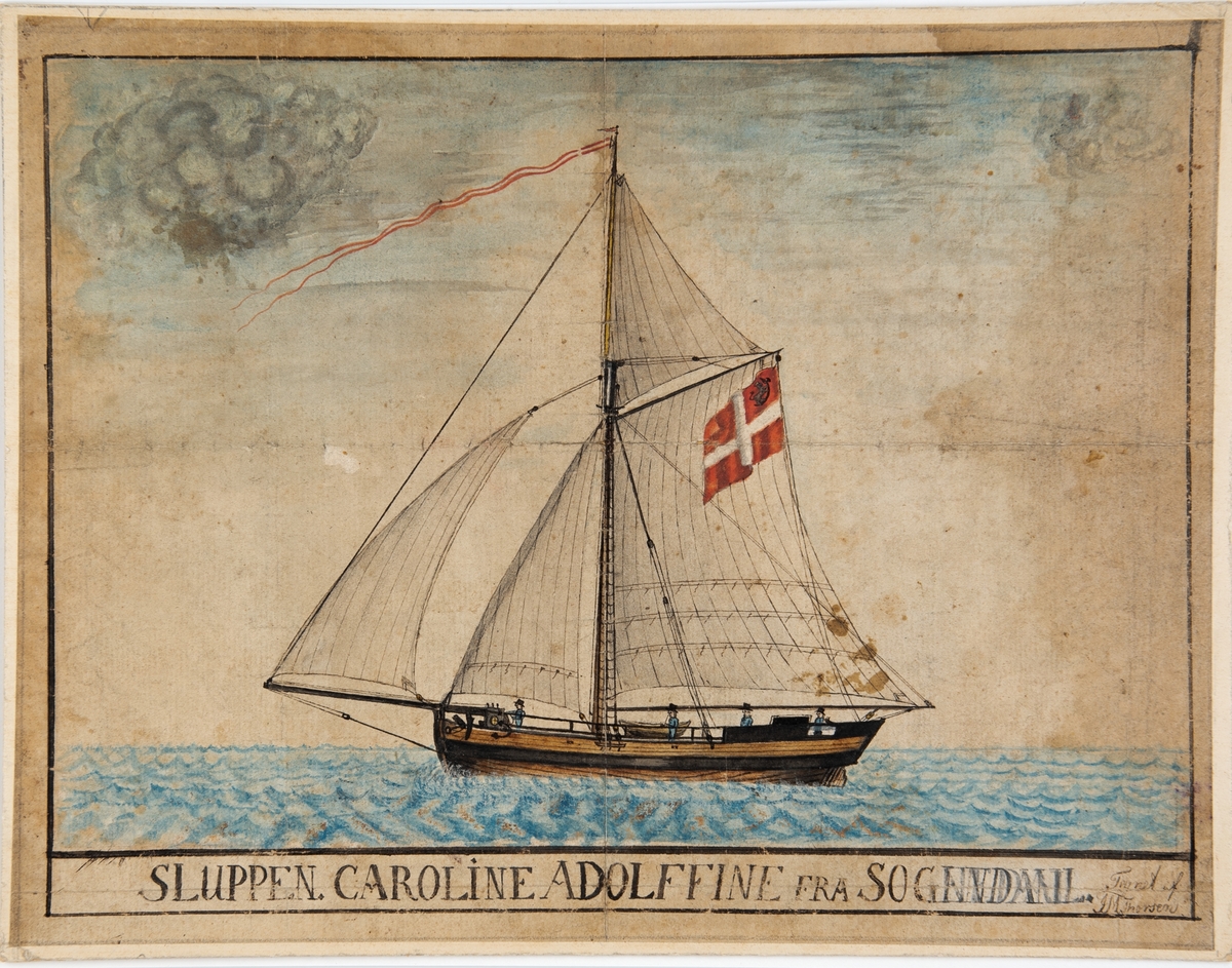 Slupp 'Caroline Adolffine' fra Sogndal. Sluppen fører Dannebrog med norsk løve. Flagget daterer motivet til tiden 1814-1821.