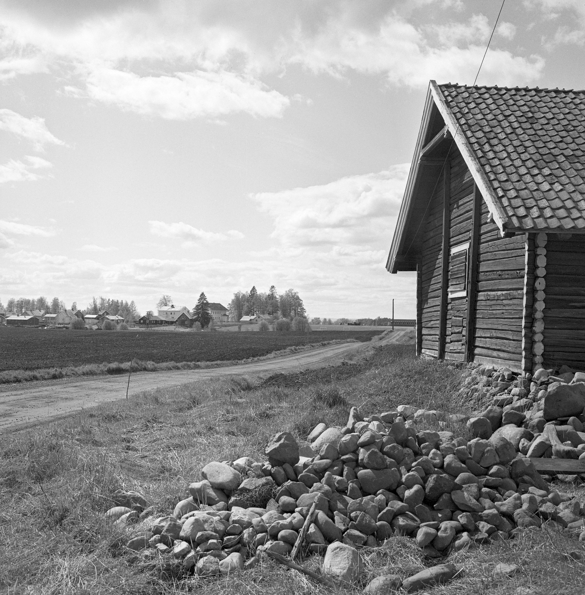 Kulturlandskap ved Hov i Løten. Fotografiet er tatt fra kanten av en gardsveg, men ei steinrøys og enden av et laftet hus med krumsteinstak til høyre i forgrunnen. I bakgrunnen ser vi et forholdsvis flatt åkerlandskap og litt bebyggelse. Bildet ble tatt i forbindelse med naturhistoriske etterundersøkelser som ble gjort etter at det var funnet av et elggevir ifølge ei radiologiske datering skulle være cirka 8 000 år gammelt djupt nede i bakken i dette området (jfr. SJF.01606 i museets gjenstandsdatabase). Se fanen «Opplysninger» og litteraturreferansene til dette fotografiet.