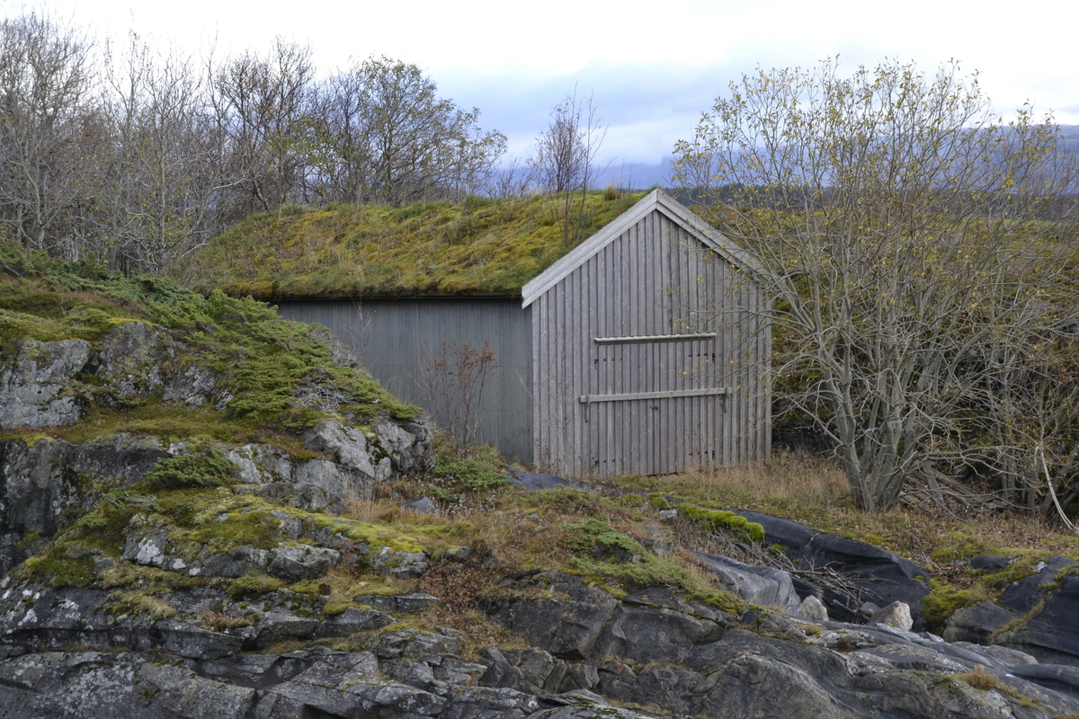 Naustet ligger inneklemt i en naturlig åpning i landskapet som går fra sjøen og opp på land. Bygningen har torvtak og stående panel. Dør og vindu i bakkant og stor port i framkant. For oppbevaring av båter.