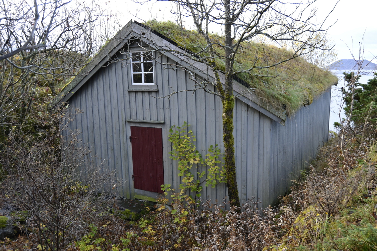 Naustet ligger inneklemt i en naturlig åpning i landskapet som går fra sjøen og opp på land. Bygningen har torvtak og stående panel. Dør og vindu i bakkant og stor port i framkant. For oppbevaring av båter.