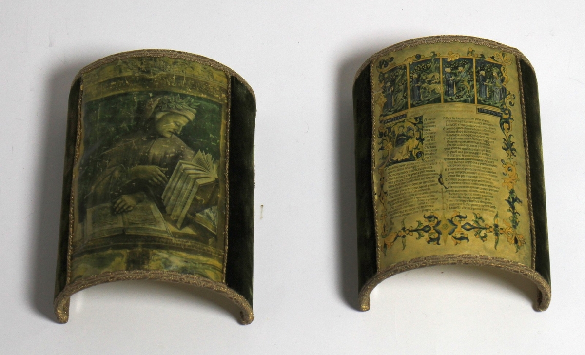 To lampeskjermar som har tilhøyrt diktaren Henrik Rytter. Den eine skjermen har motiv av ei lesande kvinne, medan det på den andre skjermen står ein del tekst på latin.