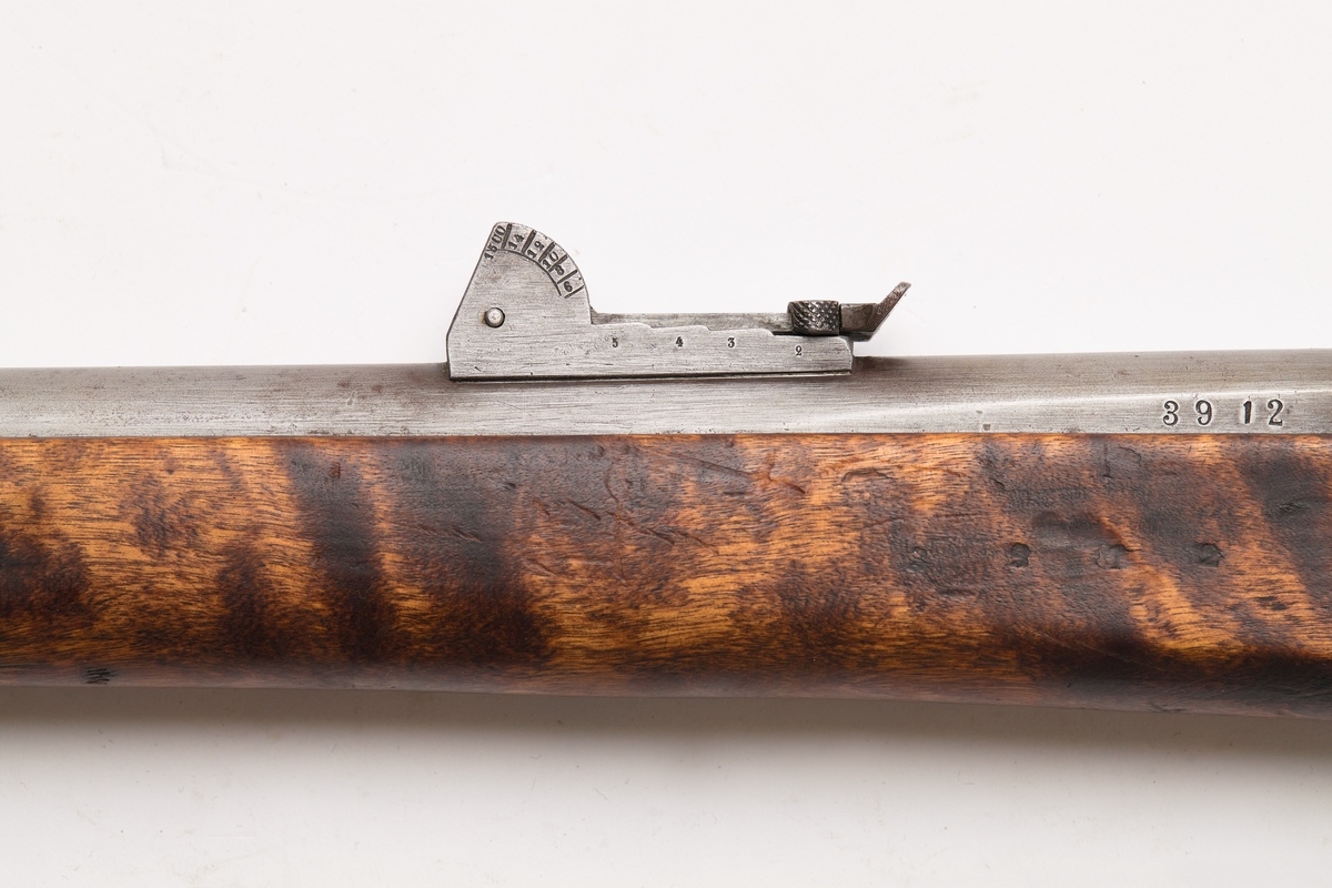 Bakladningsrifle. Remington latein for 1 patron. Kolbekappe, kolbe, lås, forskjefte, pipe og sikte har innslått 3912. Løpet har 6 høyrevridne rifler.
Under på pipens kammerende er mange merker: 1873   1   xJ  WA  ML  M  C. På pipens venstre side: 3912. På pipens høyre side: K med krone over. På låsets høyre side H med 1873 under. På låsets venstre side: 3912. Stillbart sikte til 1500 m. Bajonettfeste.