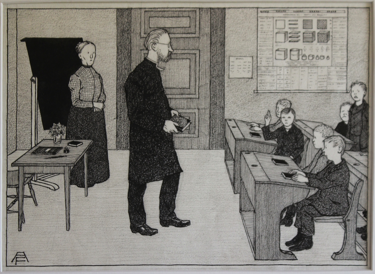 Text tillhörande teckning: Församlingens pastor kommer för att öfvervara en lektion. Lärarinnan talar om flyttfåglarne och specielt vildgässen. Pastorn afslutar lektionen med en liten utläggning öfver ämnet: - Liksom vildgässen äro flyttfåglar, och, då hösten kommer, af sin inre drift begifva sig till varmare länder, så känner sig ock människan af en inre maning dragen till ett annat, härligare land, där hon efter lifvets stormar hoppas att nå den trygga hamnen, och till hvilket land hon så att säga med modersmjölken insupit en obetvinglig längtan och trängtan. - Kan någon av er barn säga, hvad detta är för ett land? Karl Johan Brunsell (med triumferande röst):
   - Amerka!
   (Ur Strix 1905: 16)