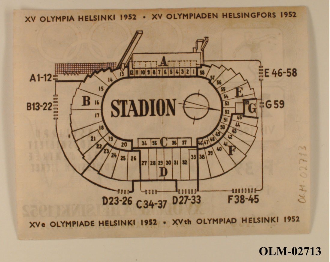 Inngangsbillett til friidrettsøvelser den 24.07.1952 i Helsinki.  Til venstre et bilde av en diskoskaster, dato, setenummer, pris og et bilde av en sprinter med de olympiske ringene i bakgrunnen. På baksiden en oversikt over stadion.