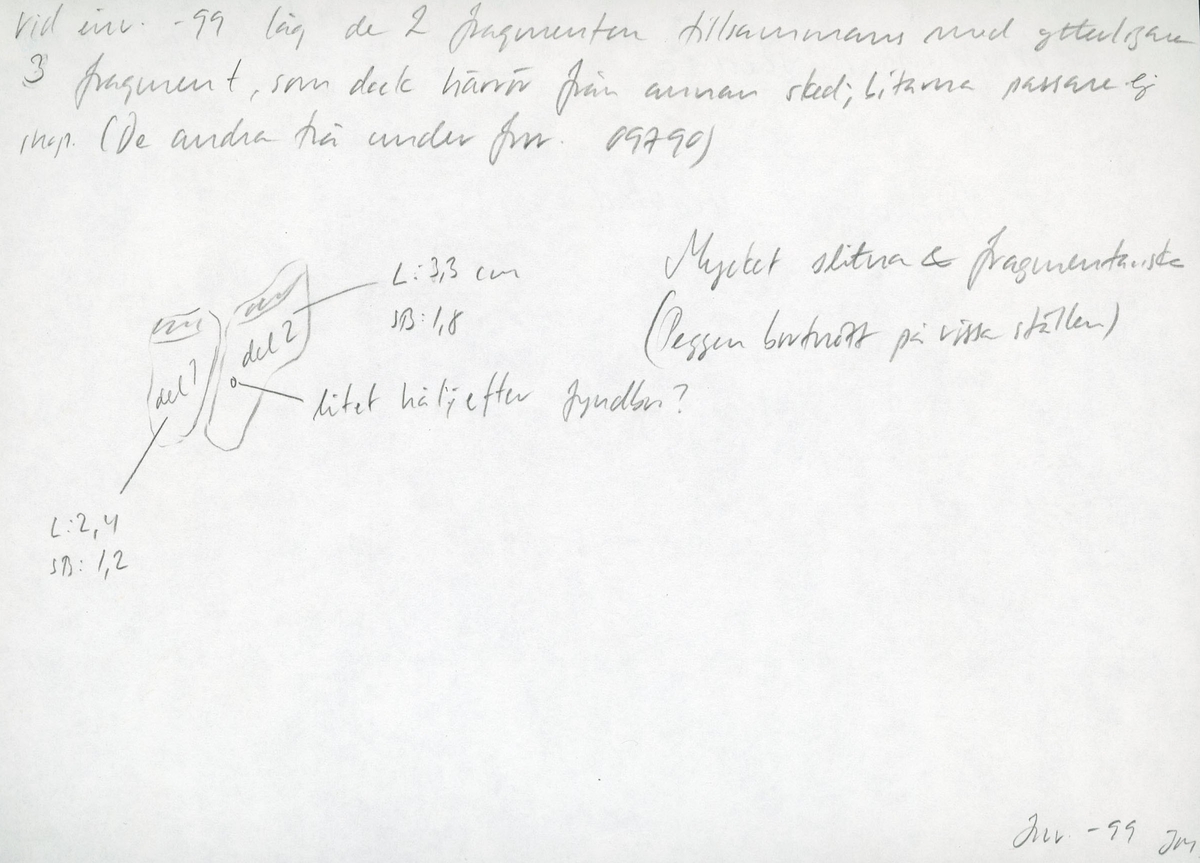 Delar av en träsked. Delarna utgör två mindre partier av skedbladet. I den ena delen syns ett litet runt hål.

Delarna är mycket slitna och fragmentariska.

För mer information se Dokumentationsblankett under Referenser – Länkade filer.