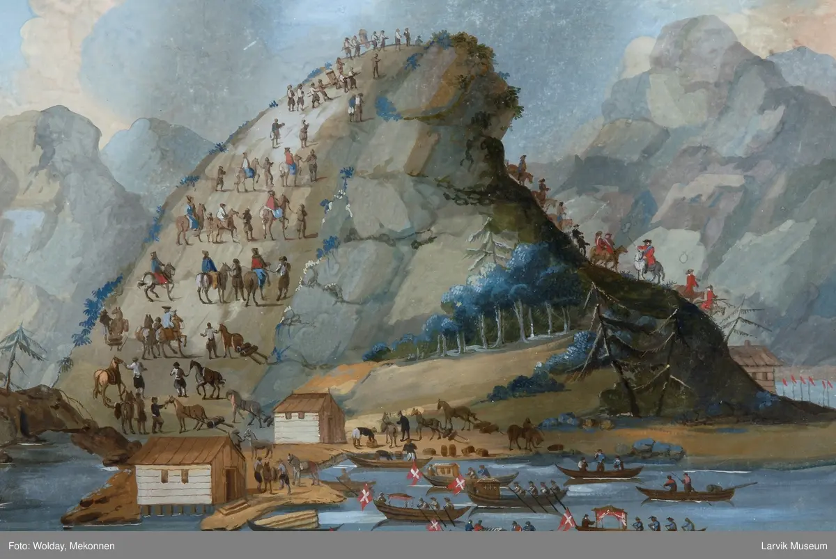Landskapsbilde - ilandsetting av danske soldater mfl. i forbindelse med reisen til kong Christian VI og dronning Sophie Magdalene i 1733. Her ved Mannseidet.
