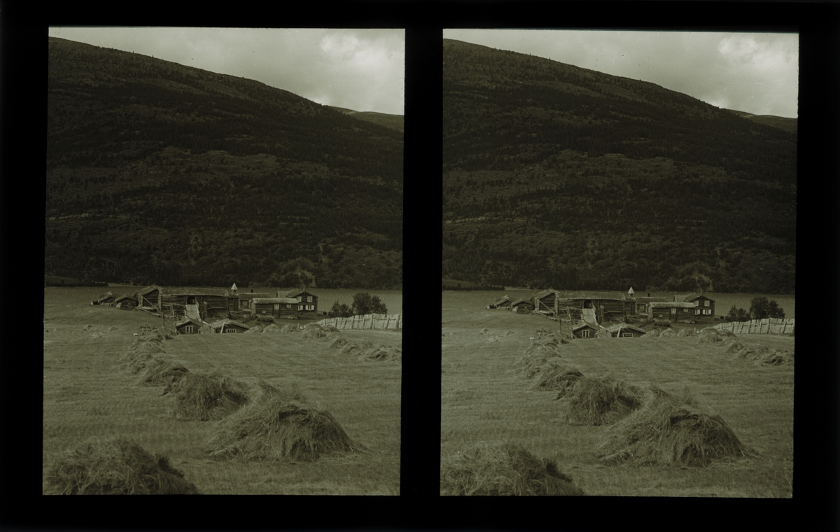 Rostad gård sett fra avstand, med fjellene i bakgrunnen. I forgrunnen ligger høyet og bakketørker etter slåtten. Tilhører Arkitekt Hans Grendahls samling av stereobilder.