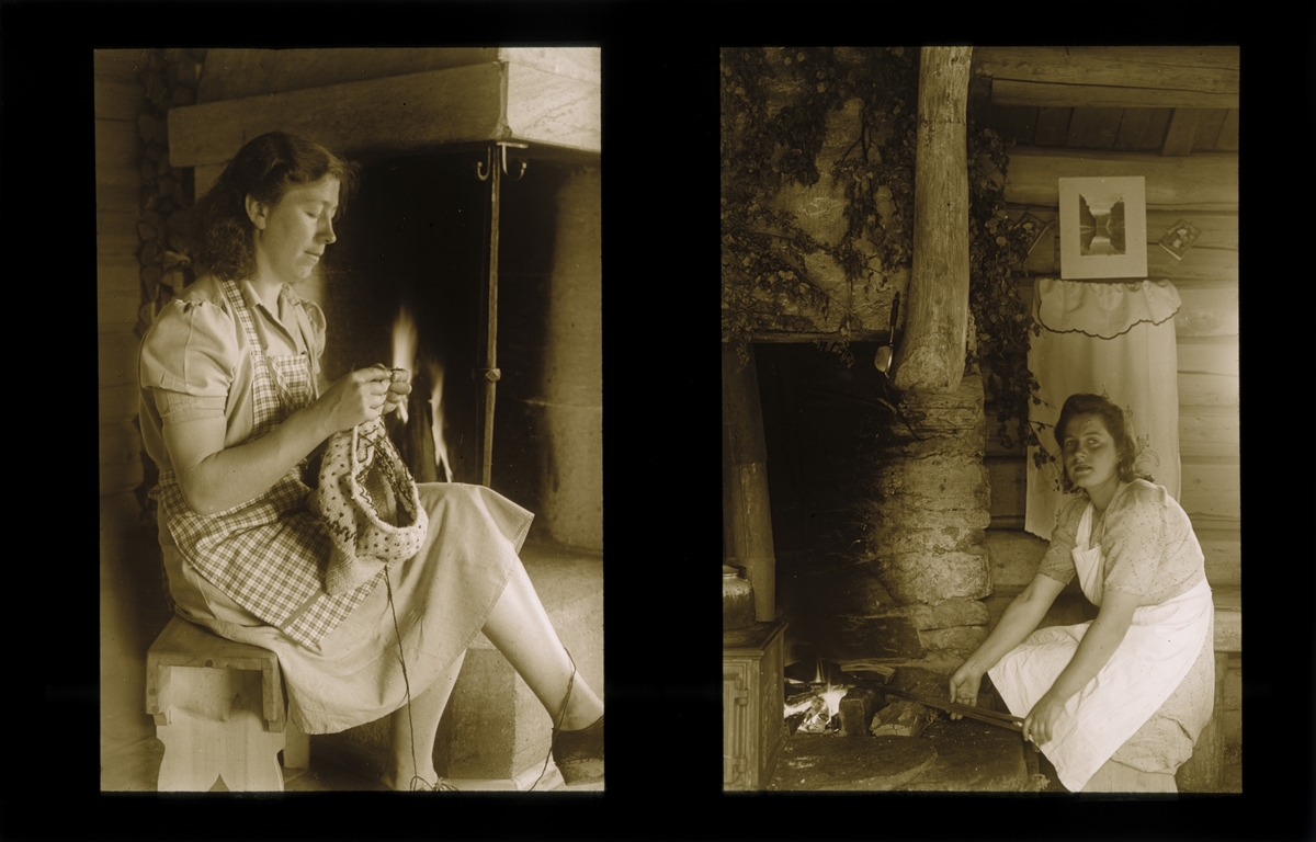 En kvinne, navngitt som Mari P, er portrettert i to ulike settinger. Hun sitter og strikker, og hun lager mat ved ildstedet. Tilhører Arkitekt Hans Grendahls samling av stereobilder.