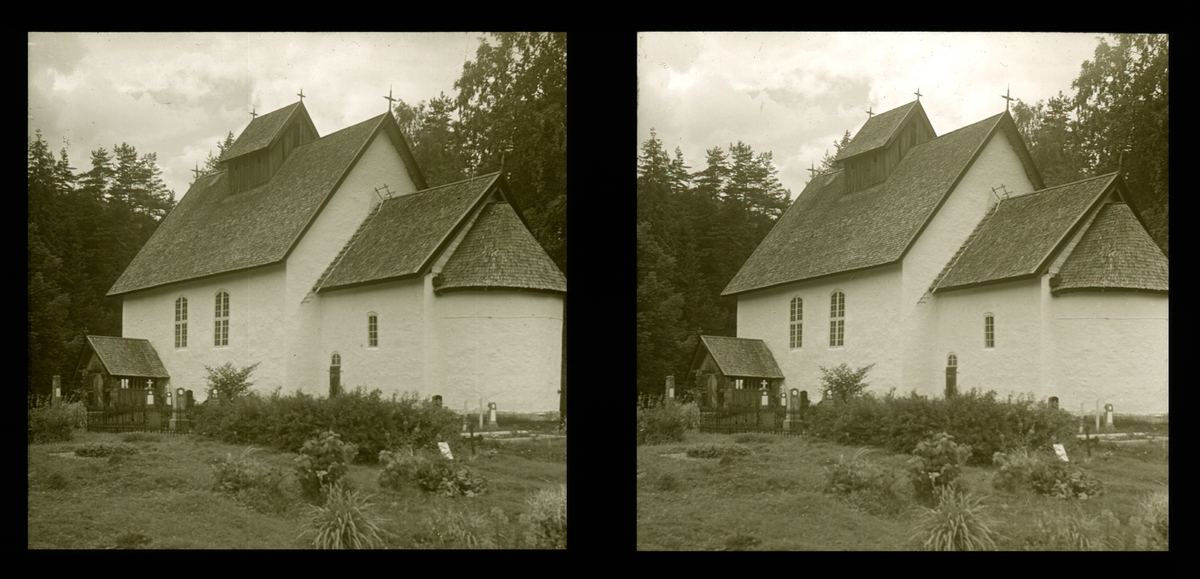 Kviteseid gamle kirke. Steinkirke i romansk stil, fra 1200-tallet. Tilhører Arkitekt Hans Grendahls samling av stereobilder.