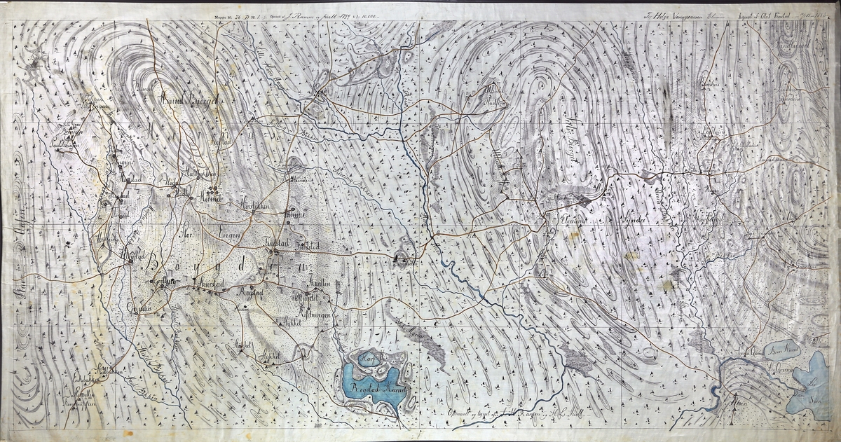 Utsnitt av kvadratmilkart. Viser Hernesmarka i Elverum. Dekker området mellom Hovinberget, Rogstadtjernet og Sørskogbygda. Kopi datert 1883 av original fra 1799.