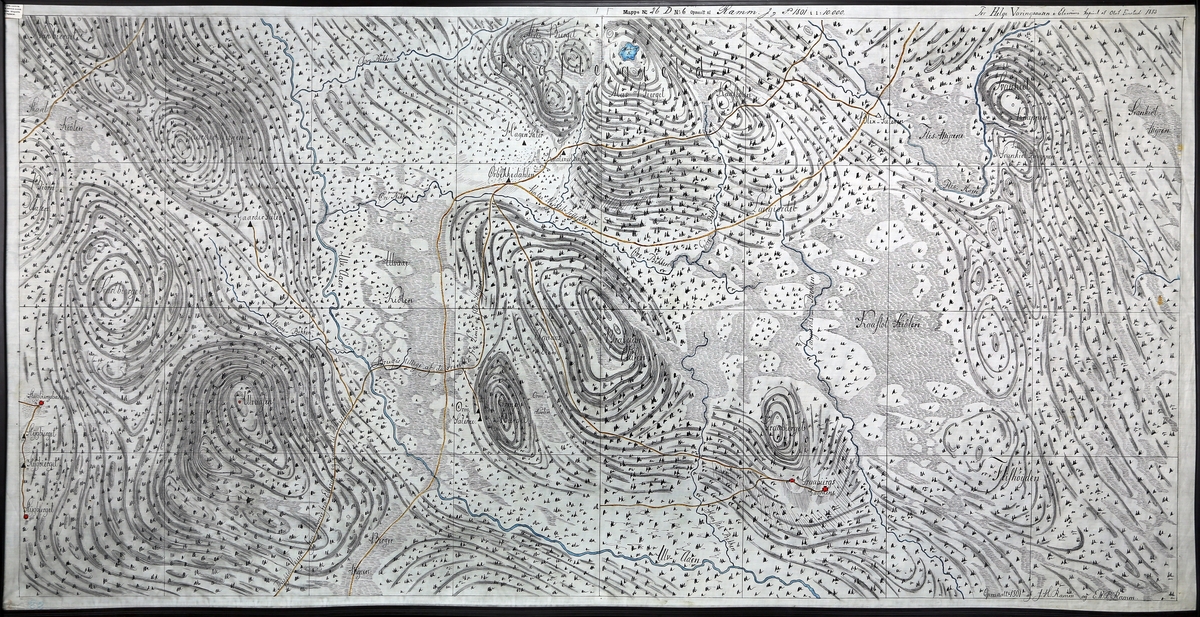 Utsnitt av kvadratmilkart. Viser området øst for Bergeberget Elverum. Dekker fra Styggberget i vest til Svankjølknappen i øst. Kopi datert 1883 av original fra 1801.