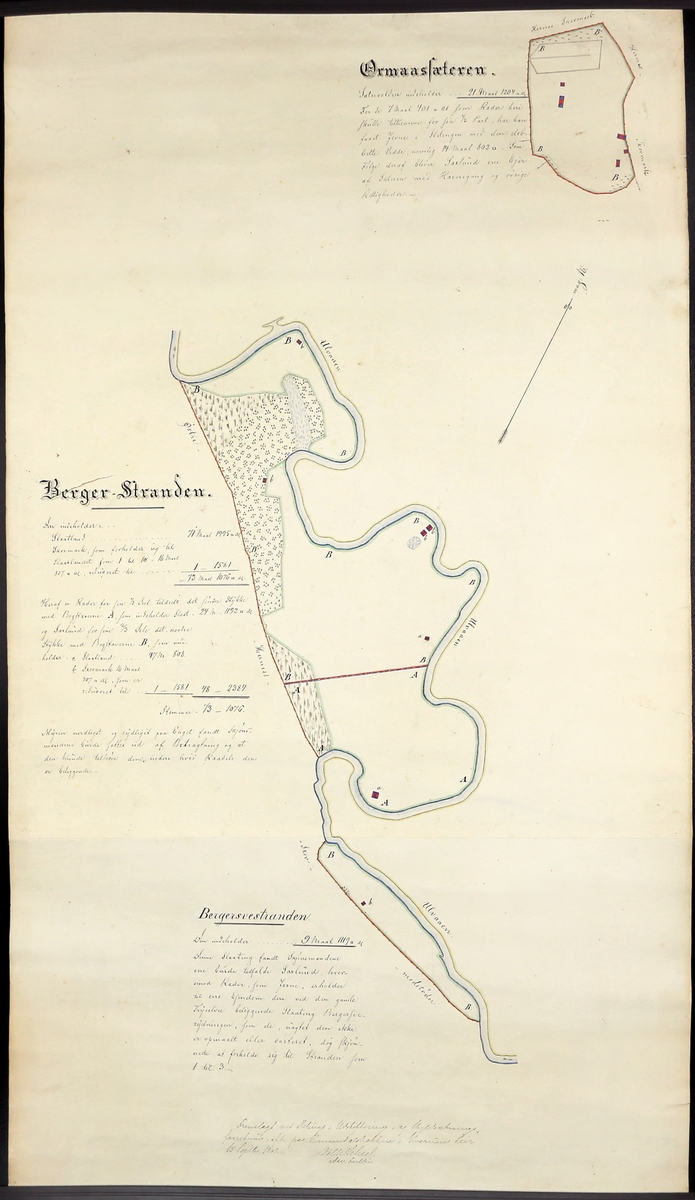 Kart over en strekning av Ulvåa i Elverum. Starter ved Ulvåstrendene i nord og følger åa via Bergestranda til Tittnabbstranda i sør. Inkluderer også Ormåsen sæter. Datert 1865.