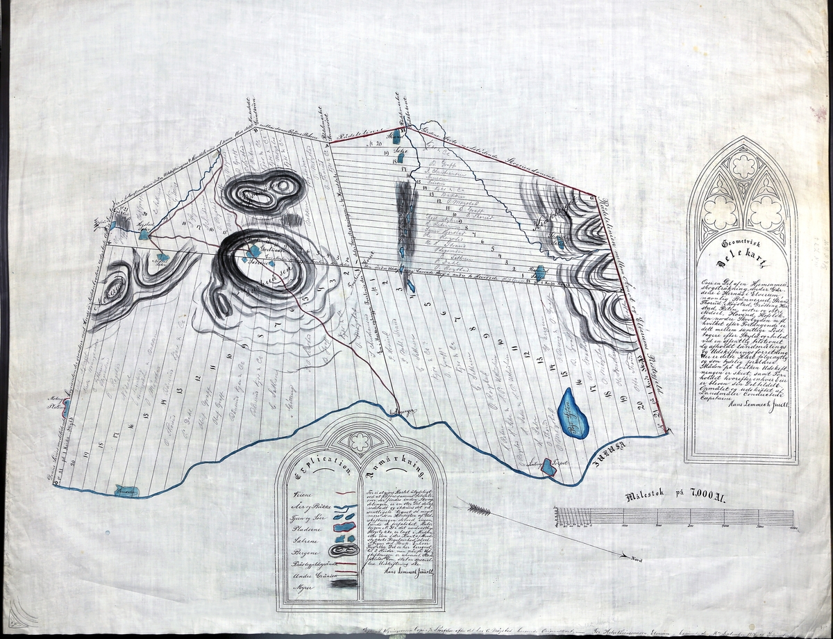 Kart over skogteiger i området nord for Hernes, mellom Julussa og Letjerndalen i Elverum. Dekker området fra Moberget i sør til Ryssjøen i nord. Orientert med vest opp. Kopi datert 1884.