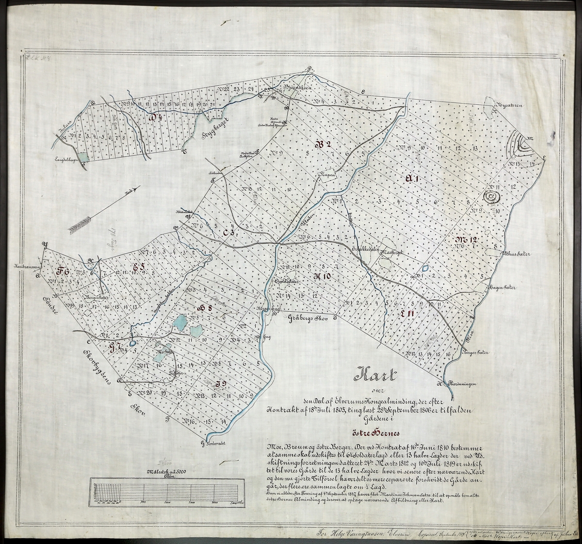 Kart over skogteigene i Ulvådalen, østre Elverum. Dekker området fra Kjærringhølen (litt nord for Renoset) nordover til Styggberget og Nysætra. Kopi datert 1884 av kart oppmålt i 1847.
