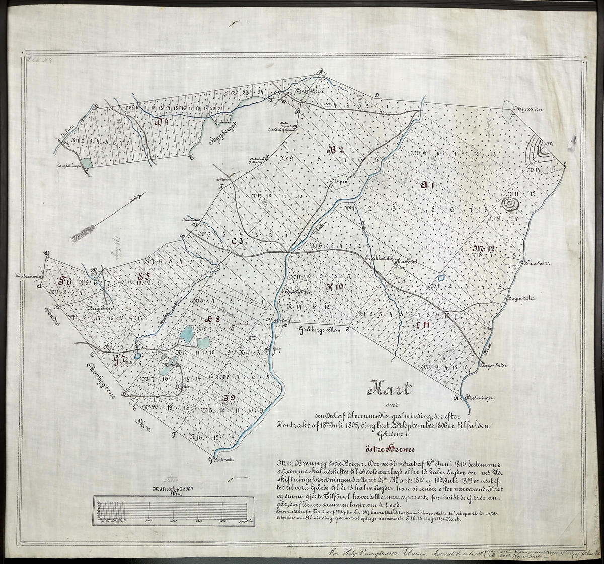 Kart over skogteigene i Ulvådalen, østre Elverum. Dekker området fra Kjærringhølen (litt nord for Renoset) nordover til Styggberget og Nysætra. Kopi datert 1884 av kart oppmålt i 1847.