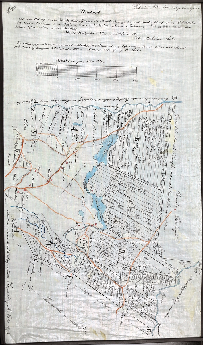 Kart over skogteiger i Sørskogbygda, Elverum. Dekker området omkring Lisjøen, fra Tørrolderbrenna i vest til Kynna i øst. Kopi datert 1873 av kart fra 1826.