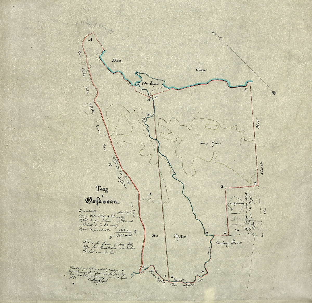 Kart over skogteig øst for Flishøgda i østre Elverum. Dekker området rundt Svankjølen og Fliskjølen. Datert 1865.