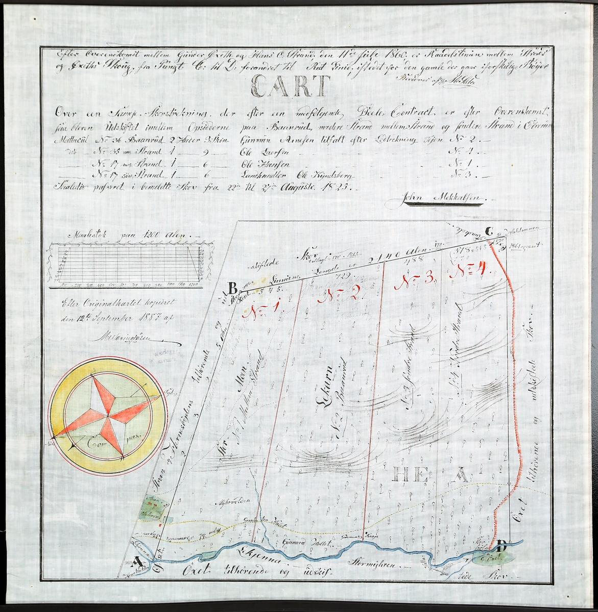 Kart over skogteigene omkring Strandsætra på østsiden av Letjerndalen i Elverum, fra Storhølskoia i sør til Karlskrona i nord. Datert 1825.