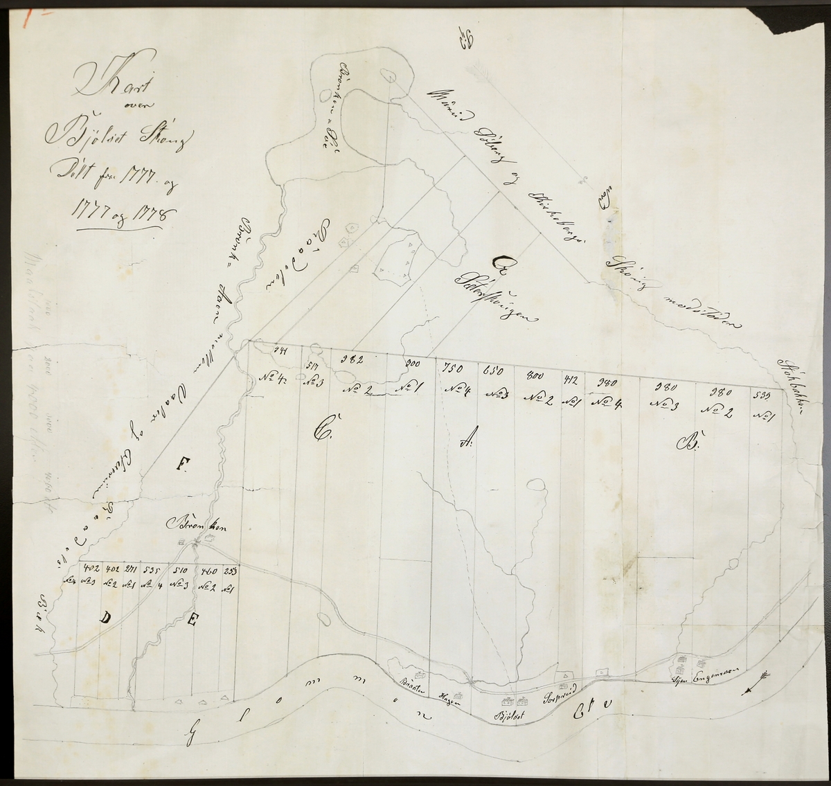 Kart over skogteiger på vestsiden av Glomma i søndre del av Elverum, fra Syringen og Bronkåa i sør til Engemoen i nord og vestover til Stor Bronken og Bjølsetsætra. Datert 1777.
