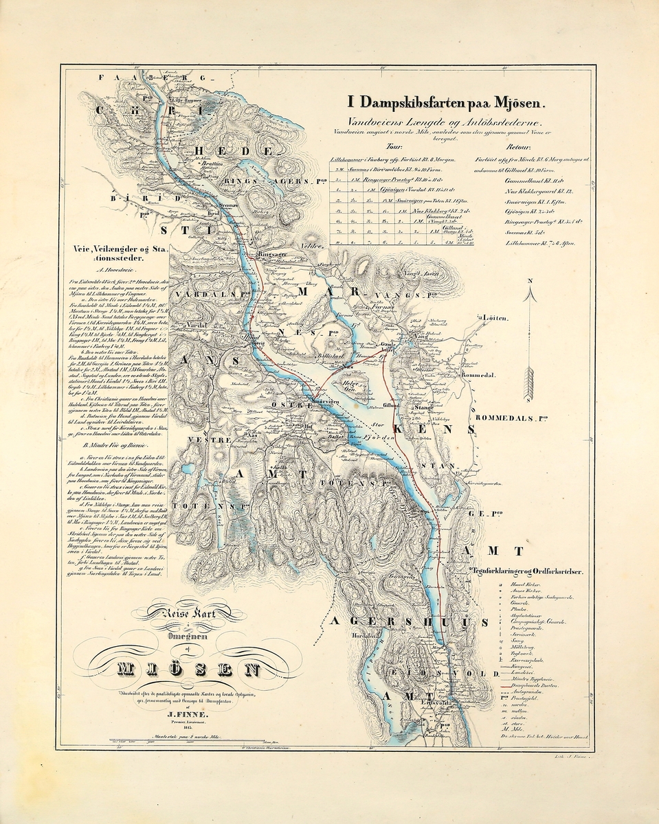 Turistkart (reisekart) over Mjøsa og omegn. Datert 1843.
