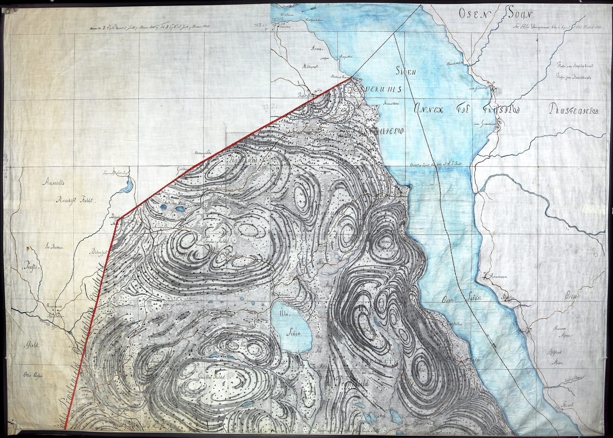 Kart over nordre del av Ulvådalen i Østre Elverum og Trysil, fra Svartstubbsetra til Åmot grense. Omfatter blant annet Grasberget, Ulvsjøen og Ulvsjøfjellet. Datert 1801.