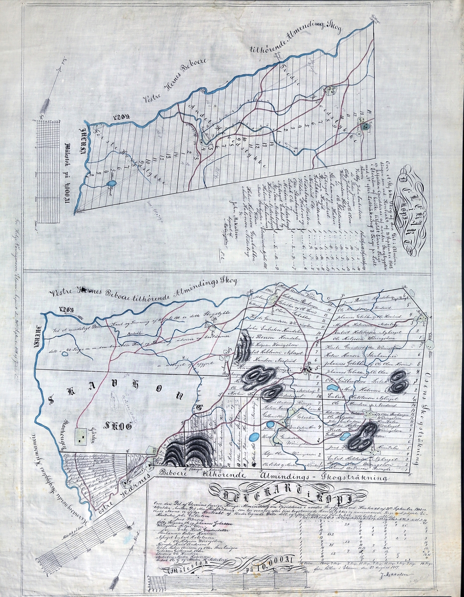To kart over området mellom Julussdalen og Ulvådalen i Elverum, datert 1803. Det nedre kartet viser hele området fra Skavhaugen i vest til Strømstadsetra, Graslandet og Karlbrenna i øst. I nord avgrenses området av Røta. Det øverste kartet er et utsnitt som viser det nordvestre hjørnet, langs Røta mellom Julussa og Tallhaugen.