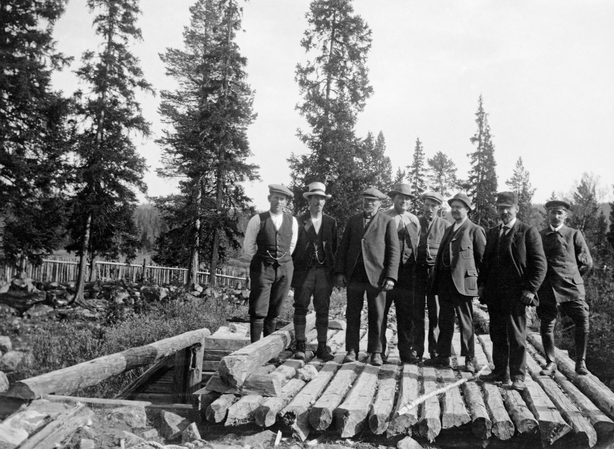 Åtte menn på befaring ved fløtingsdam.  Dette er antakelig styret for tømmerfløtinga langs den øvre delen av Glomma er som er på befaring ved en fløtingsdam i et av sidevassdragene.  Fotografiet er ikke datert, men klærne gjør det naturlig å tenke seg at opptaket er gjort i mellomkrigsåra.  Mannen ytterst til høyre har sjåførantrekk.  Karene er samlet på brua over en fløtingsdam - en nåledam - som på opptakstidspunktet sto åpen.  Dammen har steinfylte tømmerkister.  I bakgrunnen et gjerde og en del grantrær. 